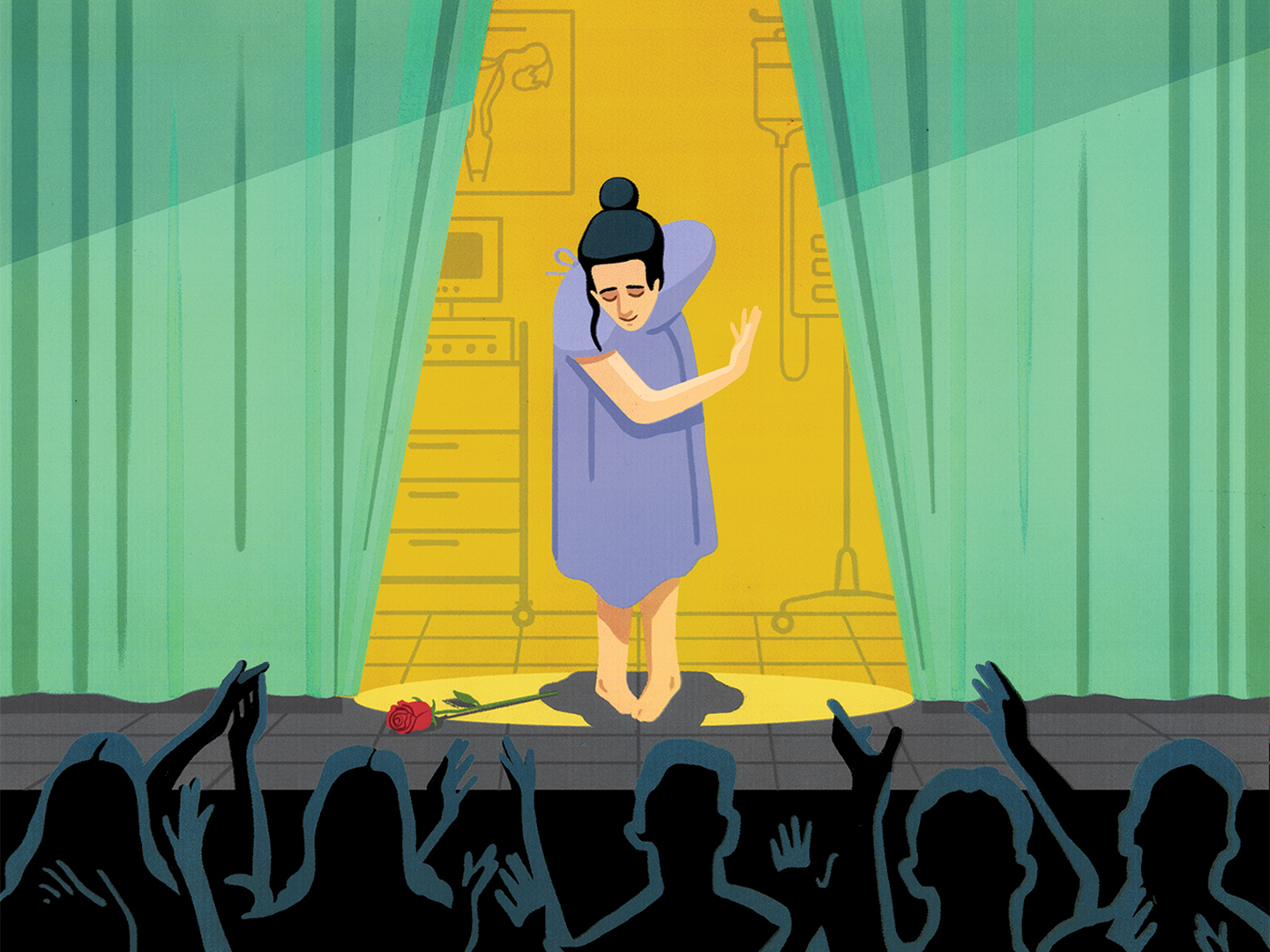 Illustration of woman bowing on a stage with the curtains pulled back to reveal a doctor's office. The woman is also in a hospital gown.