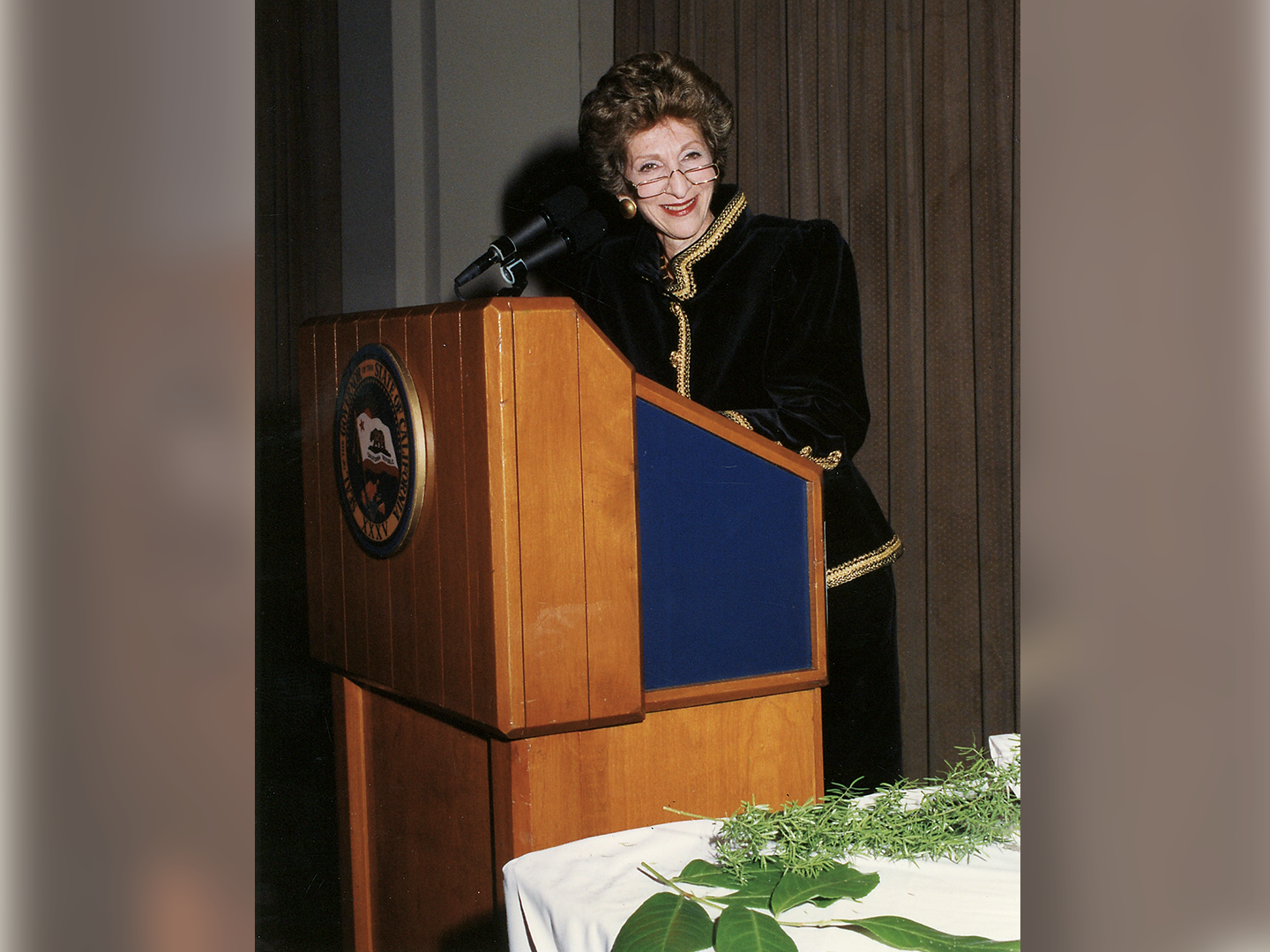 Simone addressing guests at a gala honoring