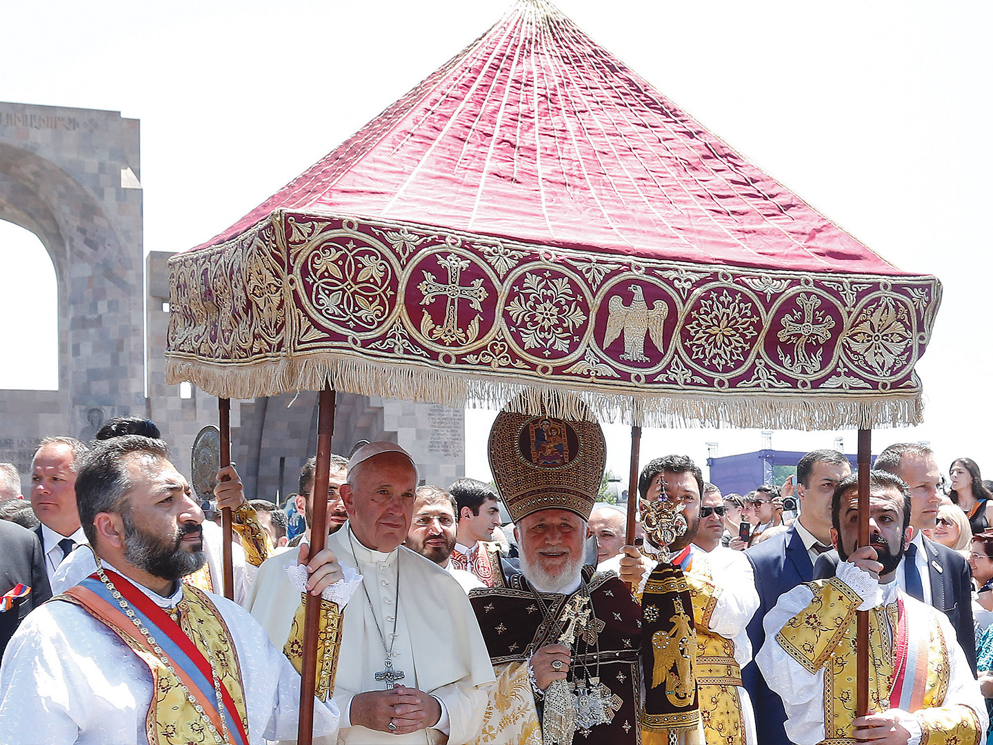 Pope Francis and Catholicos of All Armenians Karekin II leave at the end of the Divine Liturgy at the Armenian Cathedral in Etchmiadzin.