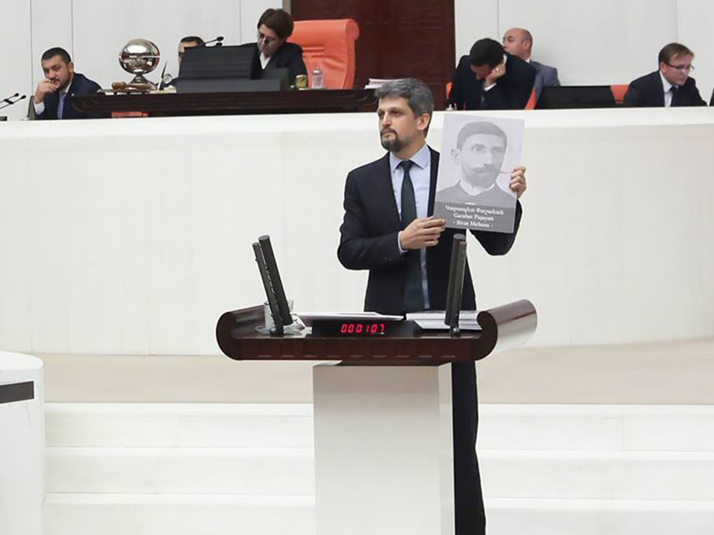 Garo Paylan addressing the Turkish Parliament on April 21, 2016 when he called for an investigation into the killing of Armenian members of the Parliament during the Armenian Genocide.