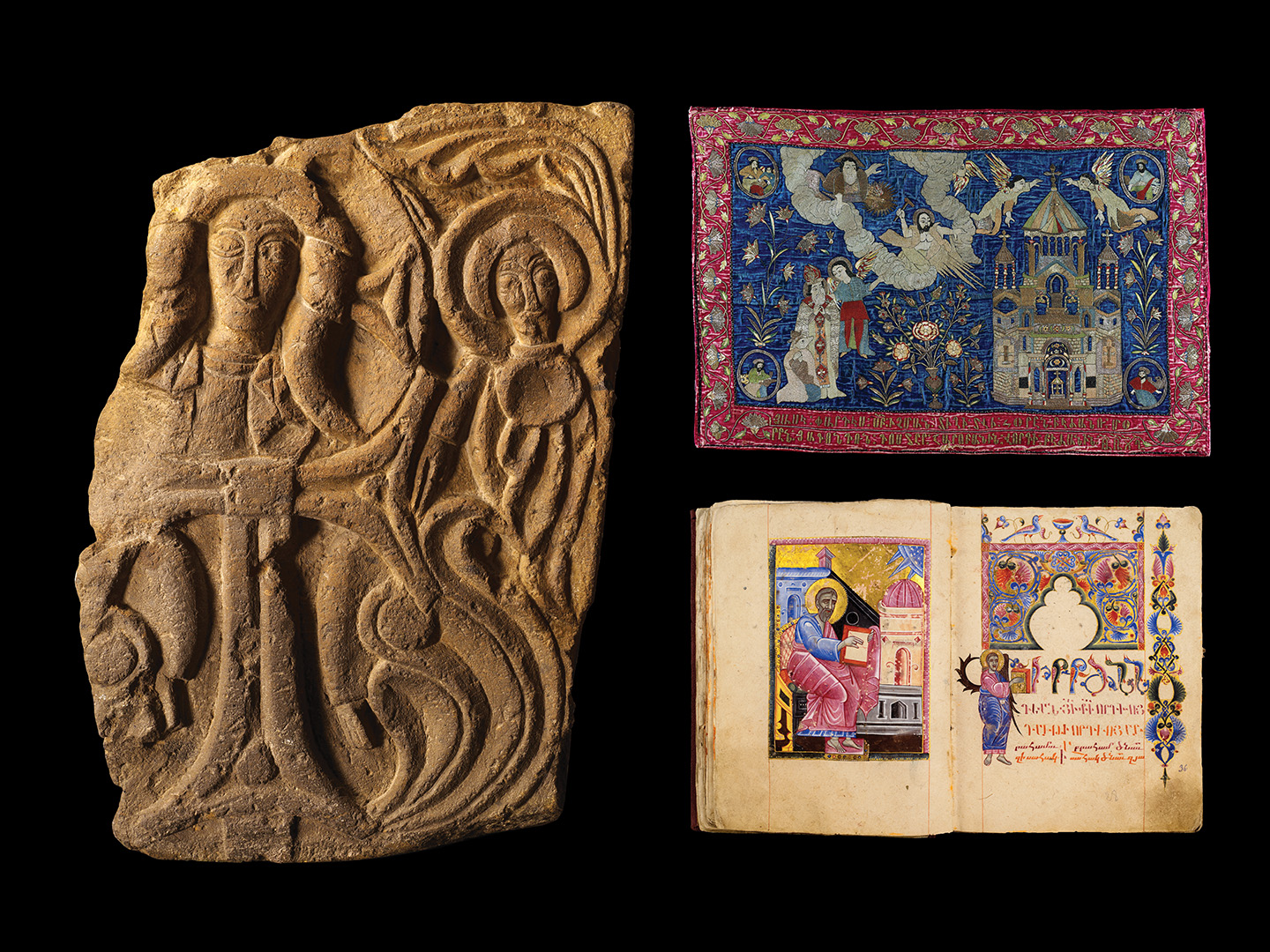 A sample of Armenian relief sculptures, textiles, manuscripts and jewelry that will be displayed at the Metropolitan Museum of Art’s Armenia! exhibit.