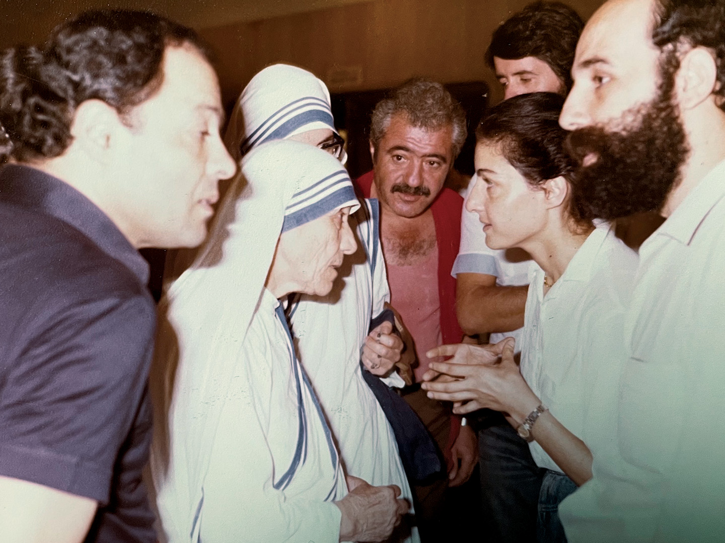 Mother Teresa visits the AGBU Manoogian Center which was housing the makeshift trauma center at the Manoogian Center. 
