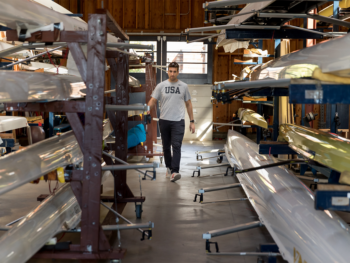 Guregian enters the boathouse, home to the University of California CalBears rowing crew.