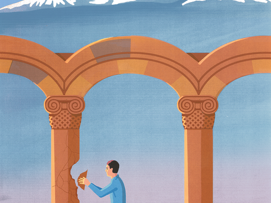 illustration of a person repairing a broken pillar with the backdrop of Mount Ararat, as a metaphor for how mental health care is healing