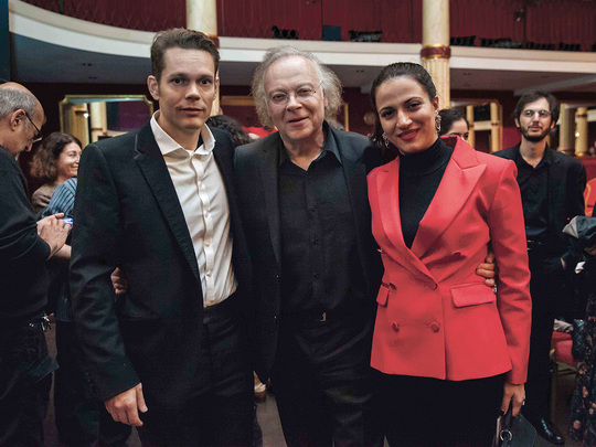Nicolas Aznavour and his wife Kristina with his father’s friend and longtime accompanying pianist Erik Berchot.