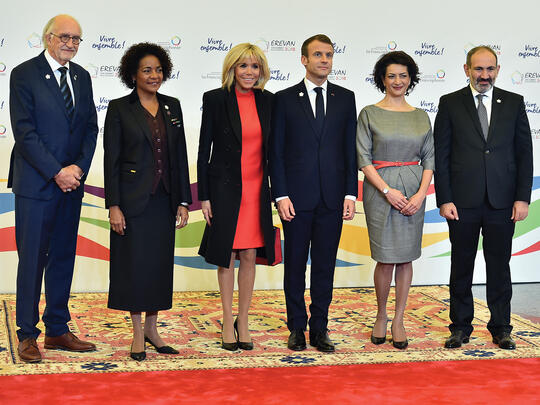 L to R: Michaëlle Jean, newly appointed Secretary-General of the OIF, and her husband Jean-Daniel Lafond; Brigette Macron and her husband French President Emmanuel Macron; Anna Hakobyan and her husband Armenian Prime Minister Nikol Pashinyan.