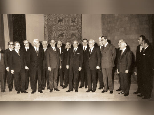 In 1971, Lebanese President Frangieh (center right) welcomed AGBU President Alex Manoogian (center) and a delegation of prominent Armenian community members as a gesture of respect and good will for the Lebanese-Armenians who were coming into their own in the wider society. 