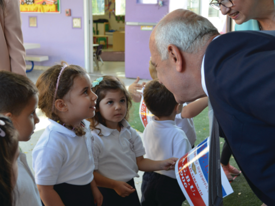 Visiting with young community members at the AGBU Manoogian Demirdjian School in Canoga Park, California. (2018