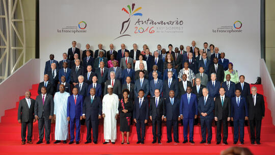 Group portrait of the presidents and chiefs of delegation at the 16th Francophonie Summit in Antananarivo, Madagascar in 2016.