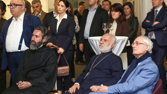 The distinguished guests of the event: (L to R) Fr. Asoghik Karapetyan, Archbishop Nathan Hovhannisian, and Maestro Tigran Mansurian.
